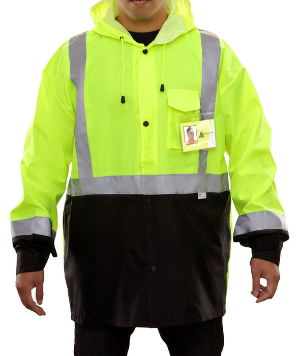 Safety Rain Jacket: Lightweight Waterproof Hi-Vis Jacket 2-Tone: Adjustable Hood