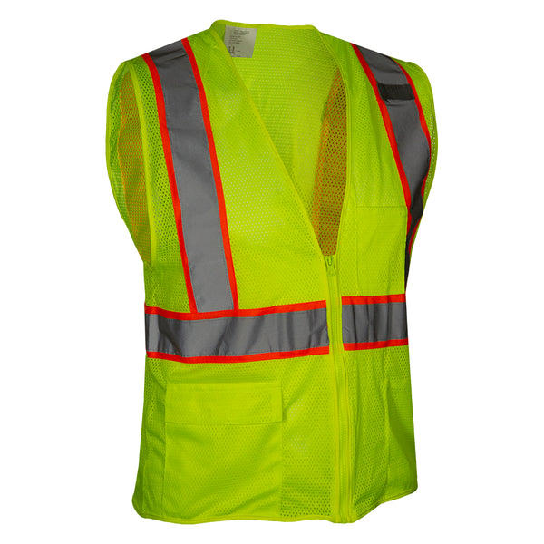 Economy Safety Vest: Hi-Vis Lime Vest: Zip Mesh Contrasting Tape: ANSI 2