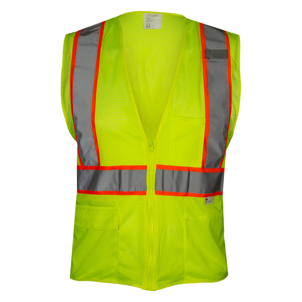 Economy Safety Vest: Hi-Vis Lime Vest: Zip Mesh Contrasting Tape: ANSI 2