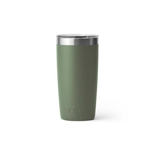 Closeup side view product image of a olive green tumbler mug with silver metal at the top rim with a clear plastic lid and the word Yeti on the front
