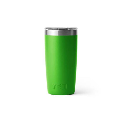 Closeup side view product image of a bright green tumbler mug with silver metal at the top rim with a clear plastic lid and the word Yeti on the front