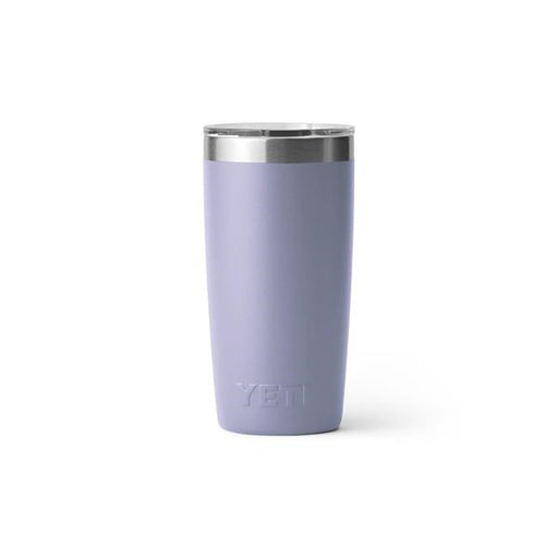 Closeup side view product image of a lilac purple tumbler mug with silver metal at the top rim with a clear plastic lid and the word Yeti on the front