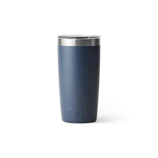 Closeup side view product image of a blue tumbler mug with silver metal at the top rim with a clear plastic lid and the word Yeti on the front