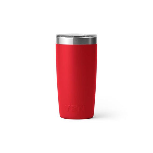 Closeup side view product image of a bright red tumbler mug with silver metal at the top rim with a clear plastic lid and the word Yeti on the front