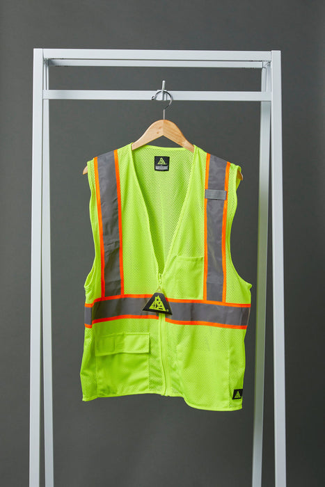 Economy Safety Vest: Hi-Vis Lime Vest: Zip Mesh Contrasting Tape: ANSI 2