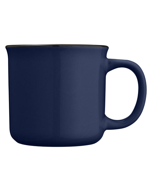 Closeup side view of a navy blue ceramic mug with handle against a white background