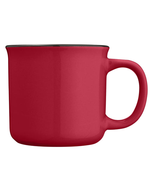 Closeup side view of a bright red ceramic mug with handle against a white background